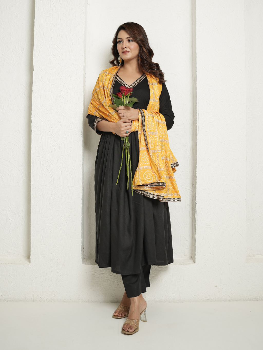 Black Kurta and Pants with Yellow Bandhej Dupatta