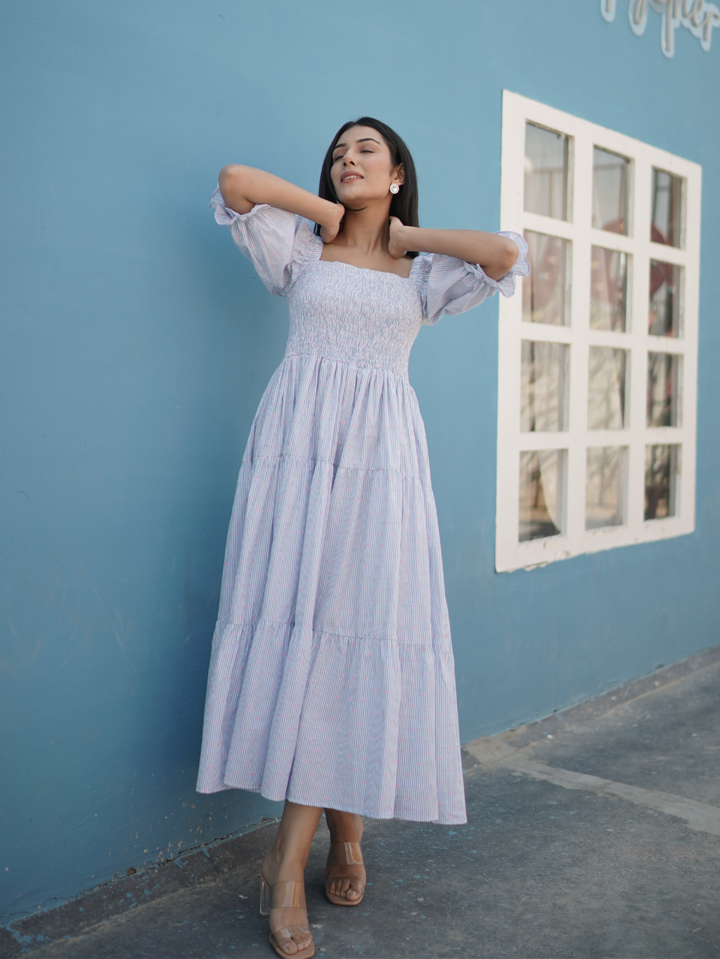 Cotton Dobby Smocked Midi Dress