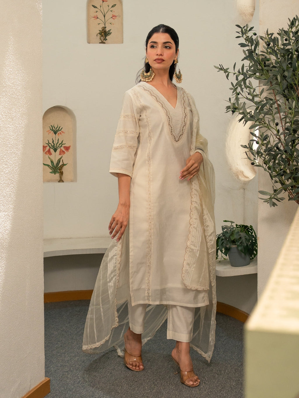 Chanderi Embroidery Pintucks Kurta with Dupatta and Pants
