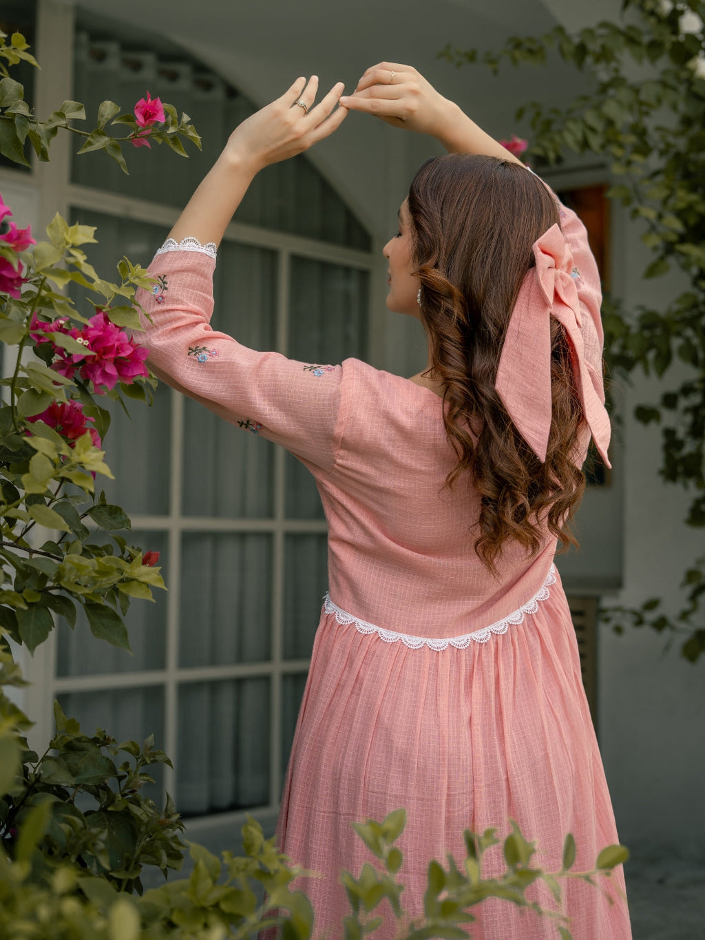 Pink Mist Dress in Kota Doriya Fabric with Embroidery