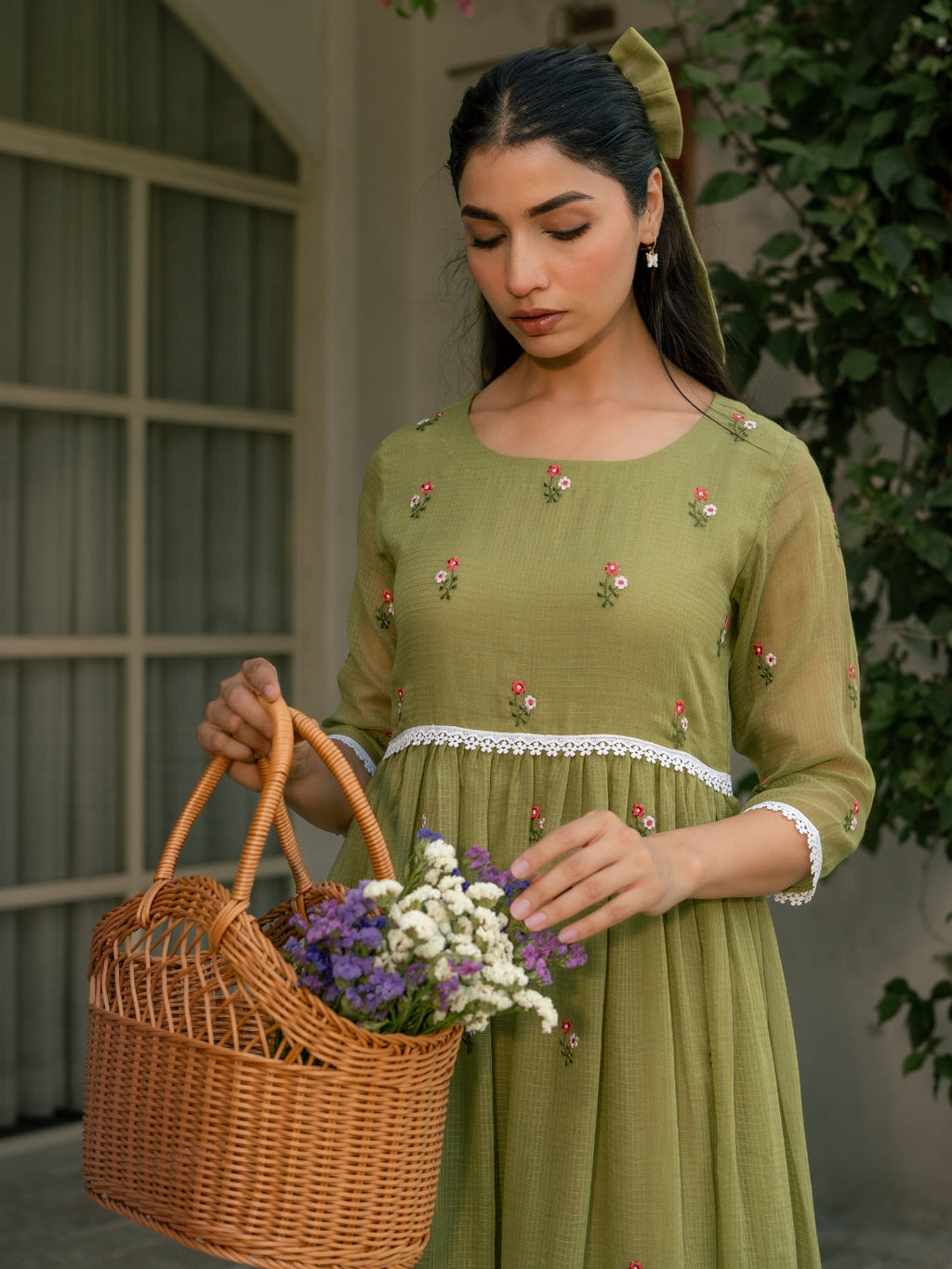 Mint Grace Dress in Kota Doriya Fabric with Embroidery