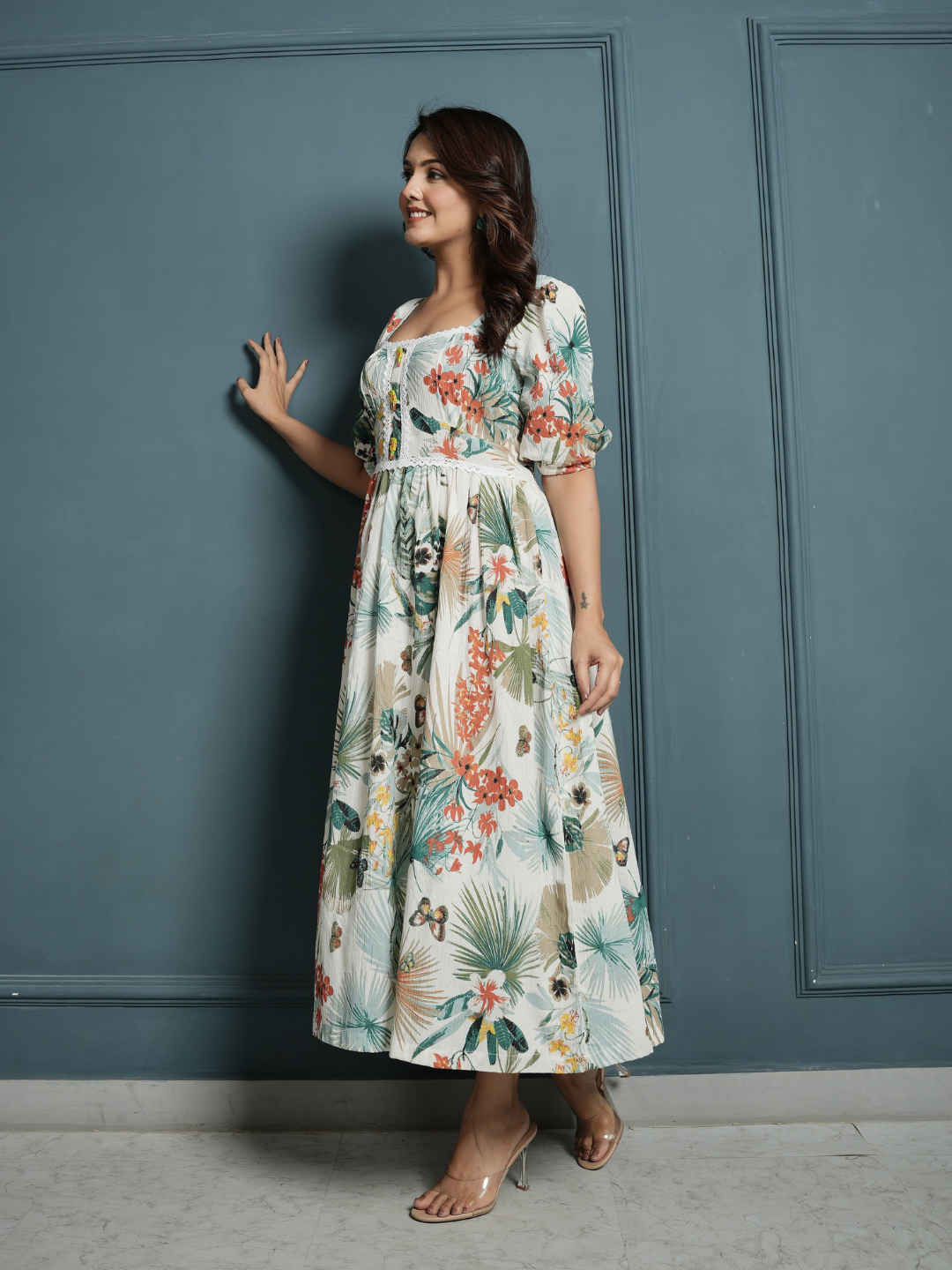 Flower Crinkle Crepe Dress with Lace
