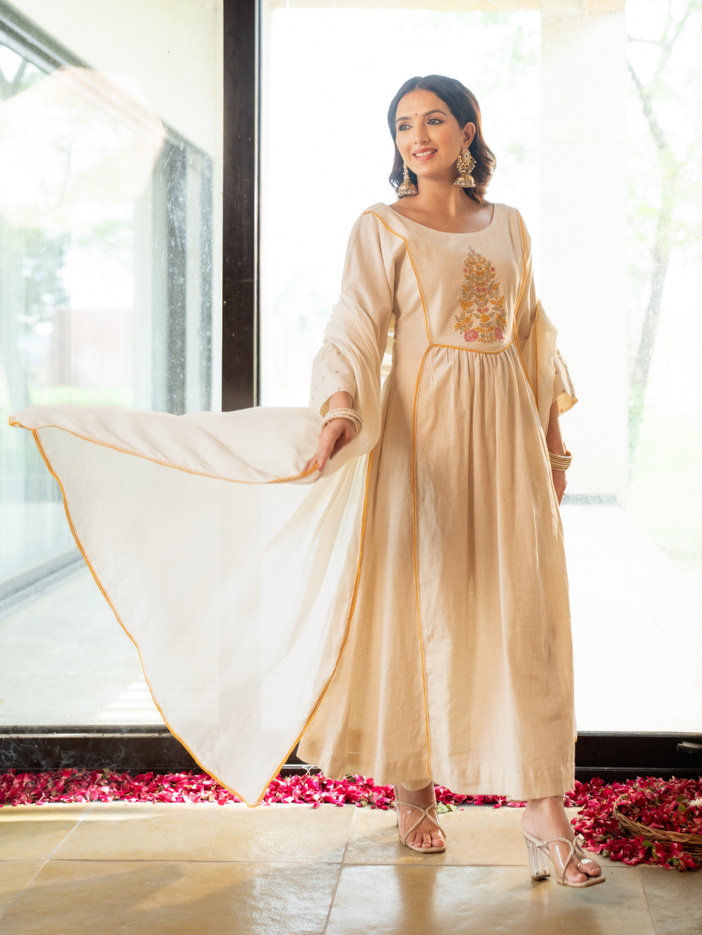 Off White Linen Blend Anarkali  Kurta Set With Embroidery