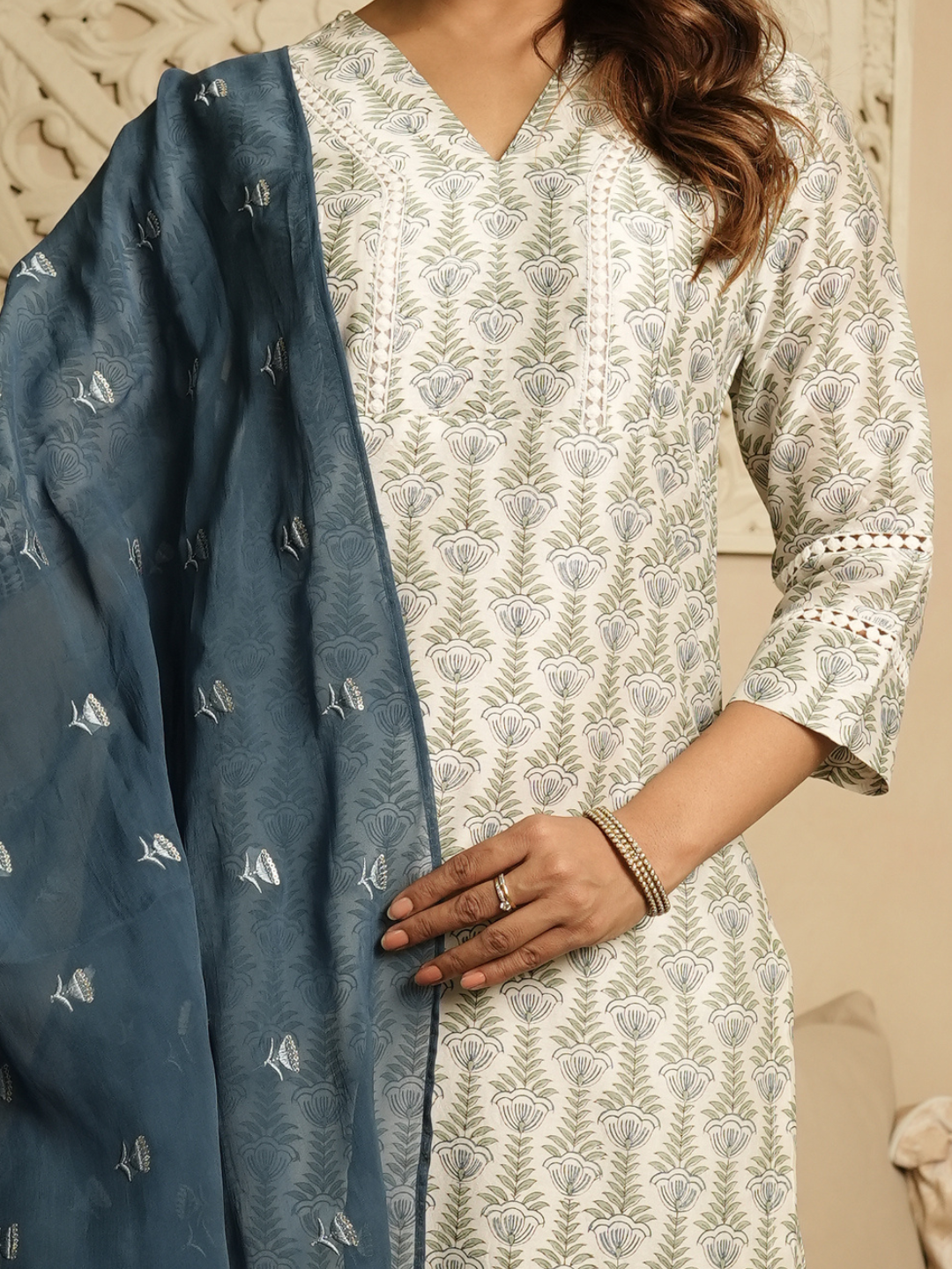 Blue Hand Block Chanderi Kurta Set