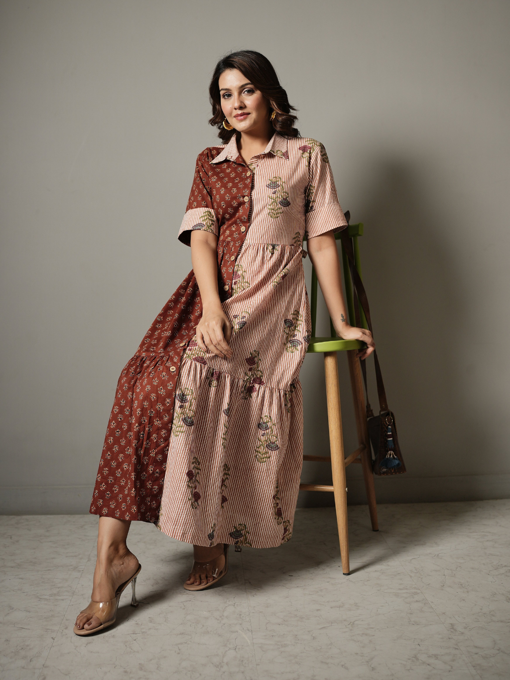 Block Print Half and Half Flower Dress