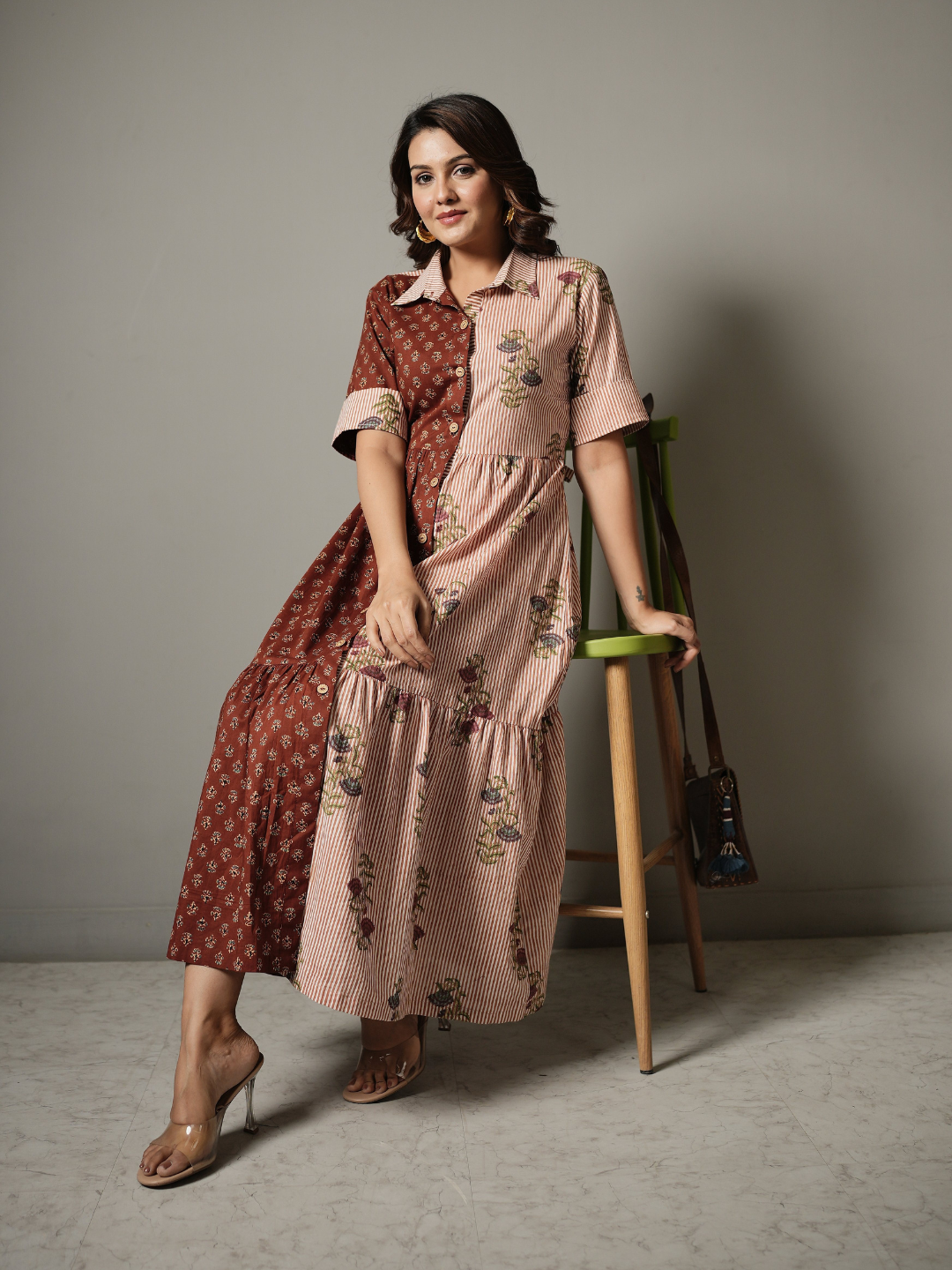 Block Print Half and Half Flower Dress