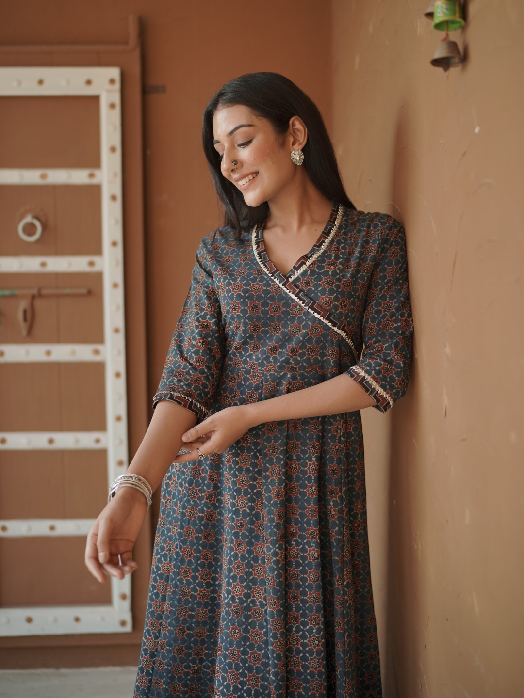 Indigo Ajrakh printed Anarkali Kurta