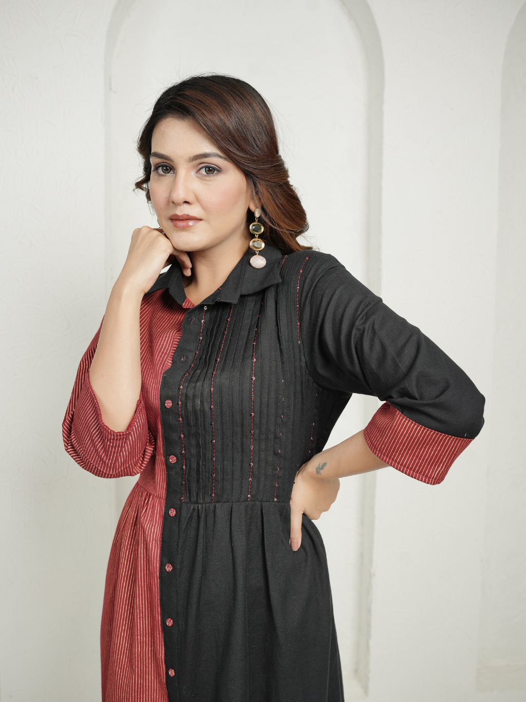 Red Block Print and Black Dress with Detailing