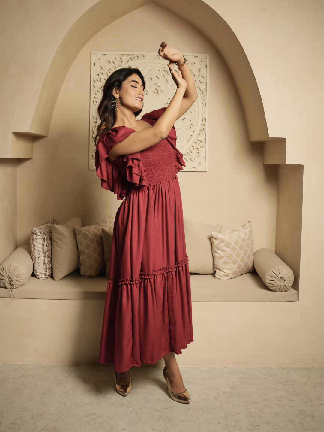 Whimsical Whirl Maroon Dress