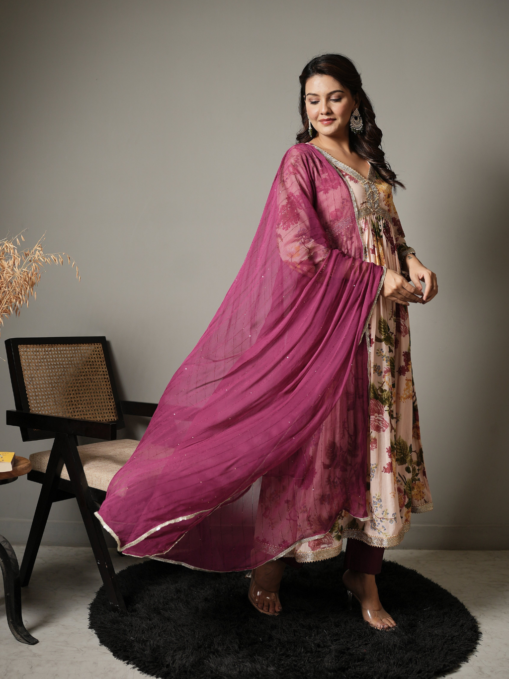 Floral Anarkali Kurta With Pants and Dupatta
