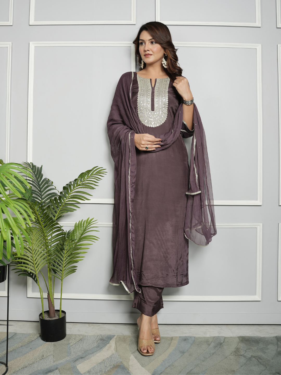 Purple Shantoon Embroidery Kurta with Pants and Dupatta