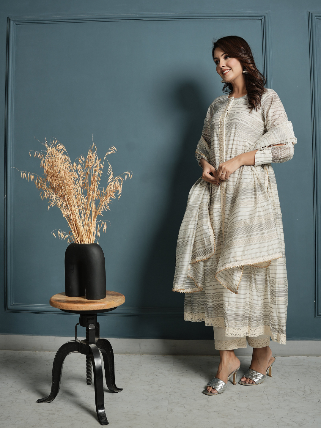 Block Print Golden Stripe Kurta with Pants and Dupatta