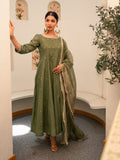 Green Chanderi Anarkali Kurta Set With Dupatta And Pants