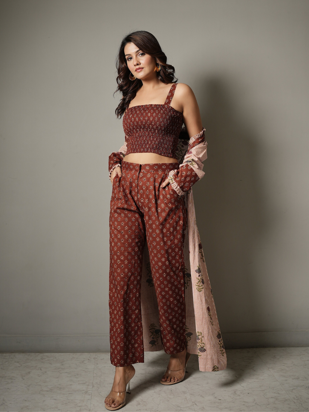 Block Print Crop Top and Pant Co-ord with Shrug