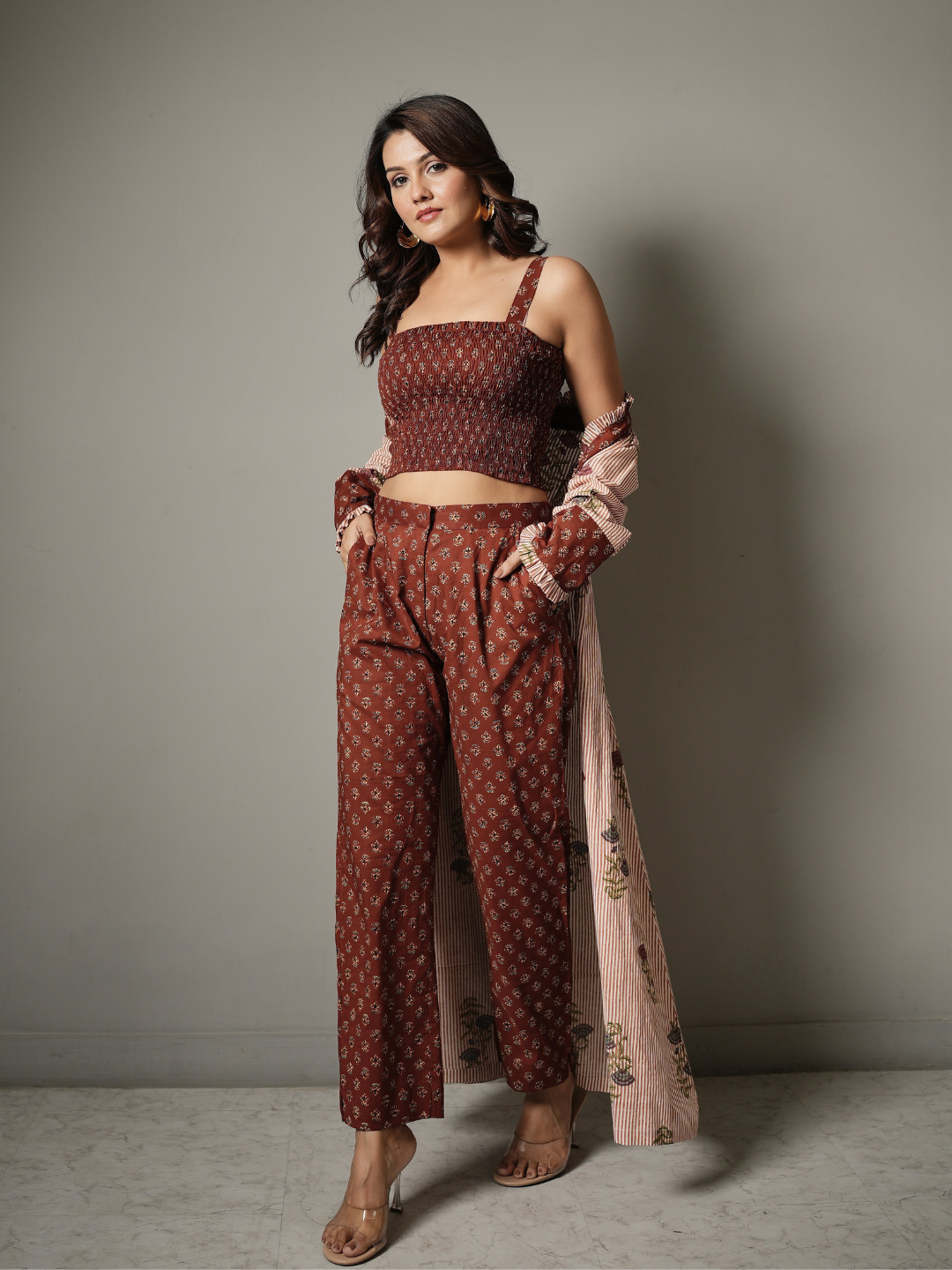 Block Print Crop Top and Pant Co-ord with Shrug