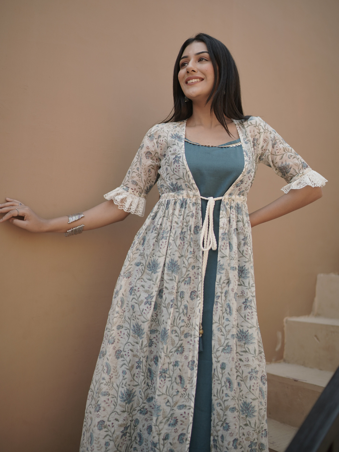 Chanderi Block Print Shrug with Inner Dress