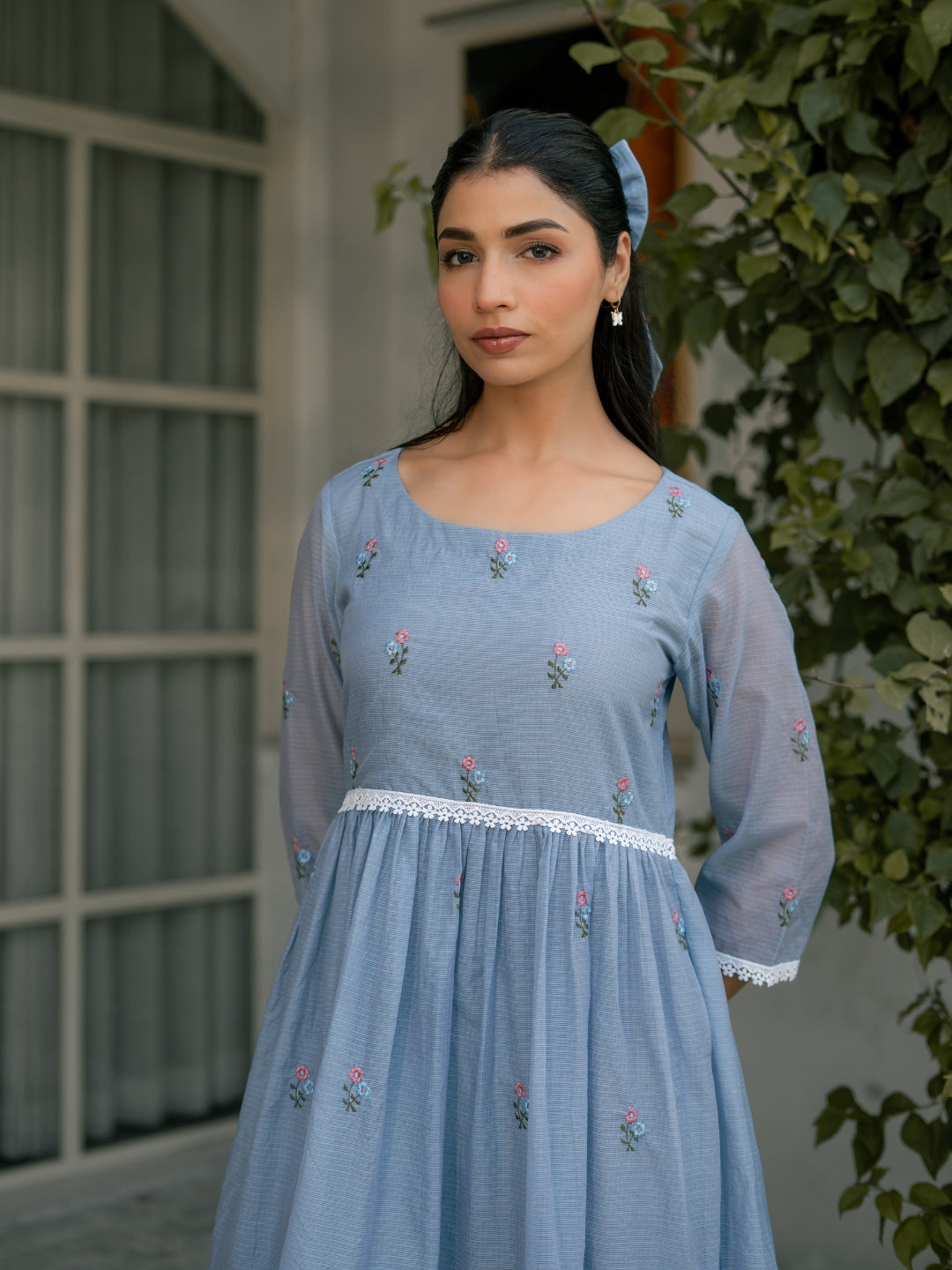 Blue Breeze Dress in Kota Doriya Fabric with Embroidery
