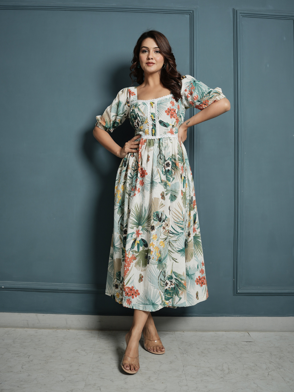 Flower Crinkle Crepe Dress with Lace