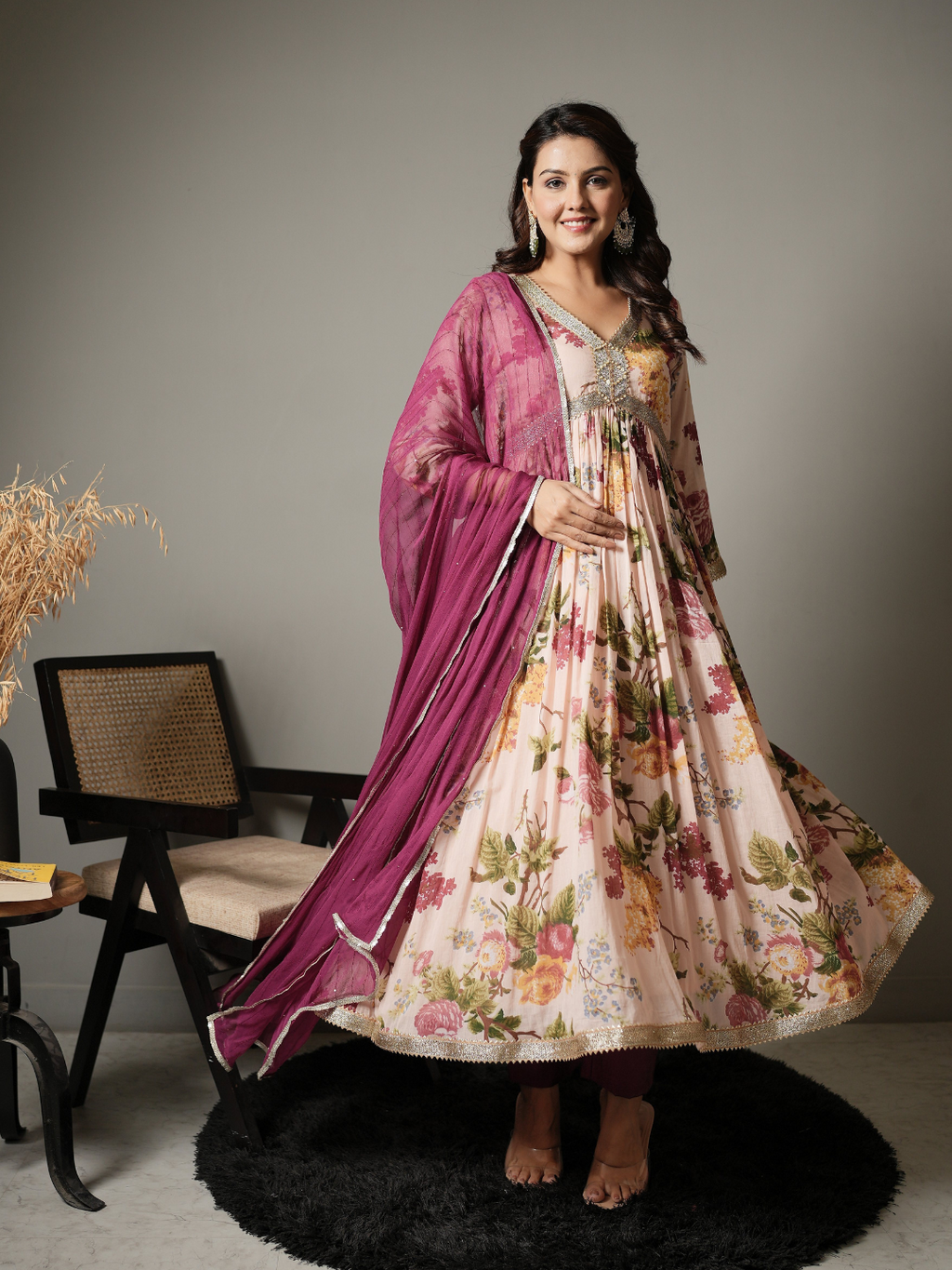 Floral Anarkali Kurta With Pants and Dupatta