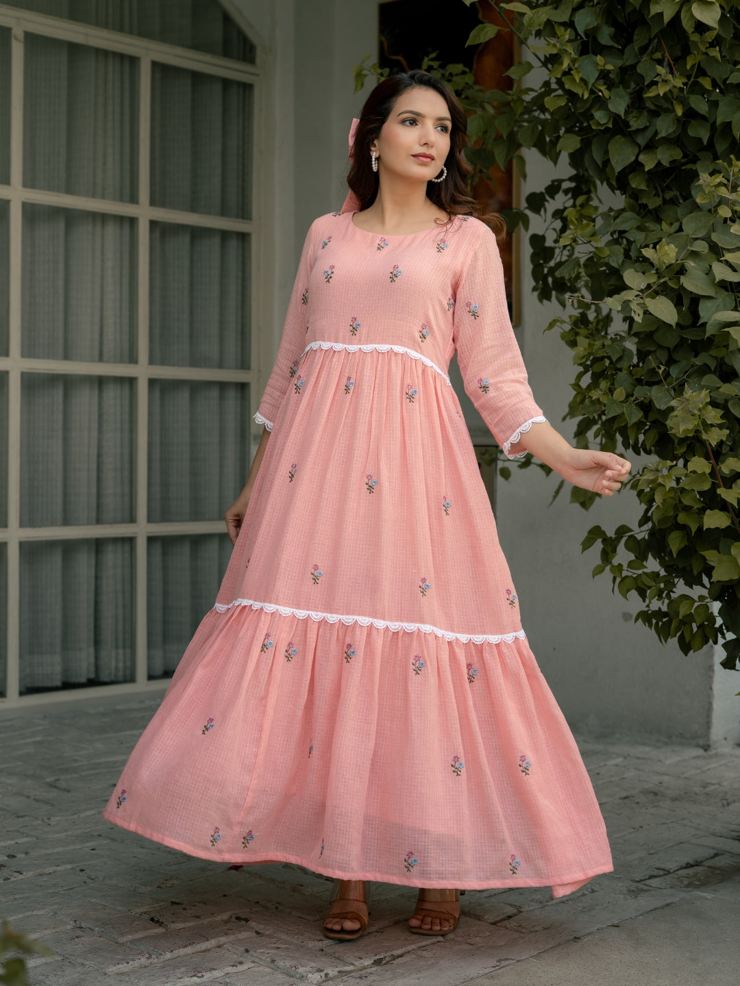 Pink Mist Dress in Kota Doriya Fabric with Embroidery