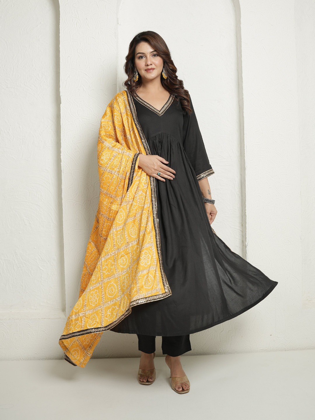 Black Kurta and Pants with Yellow Bandhej Dupatta