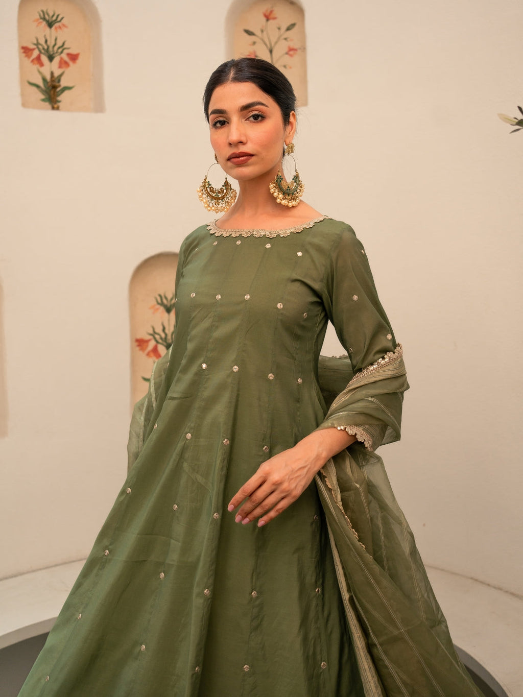 Green Chanderi Anarkali Kurta Set With Dupatta And Pants