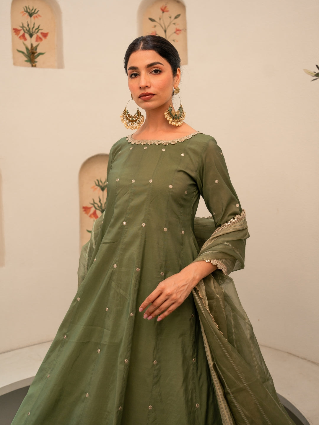 Green Chanderi Anarkali Kurta Set With Dupatta And Pants