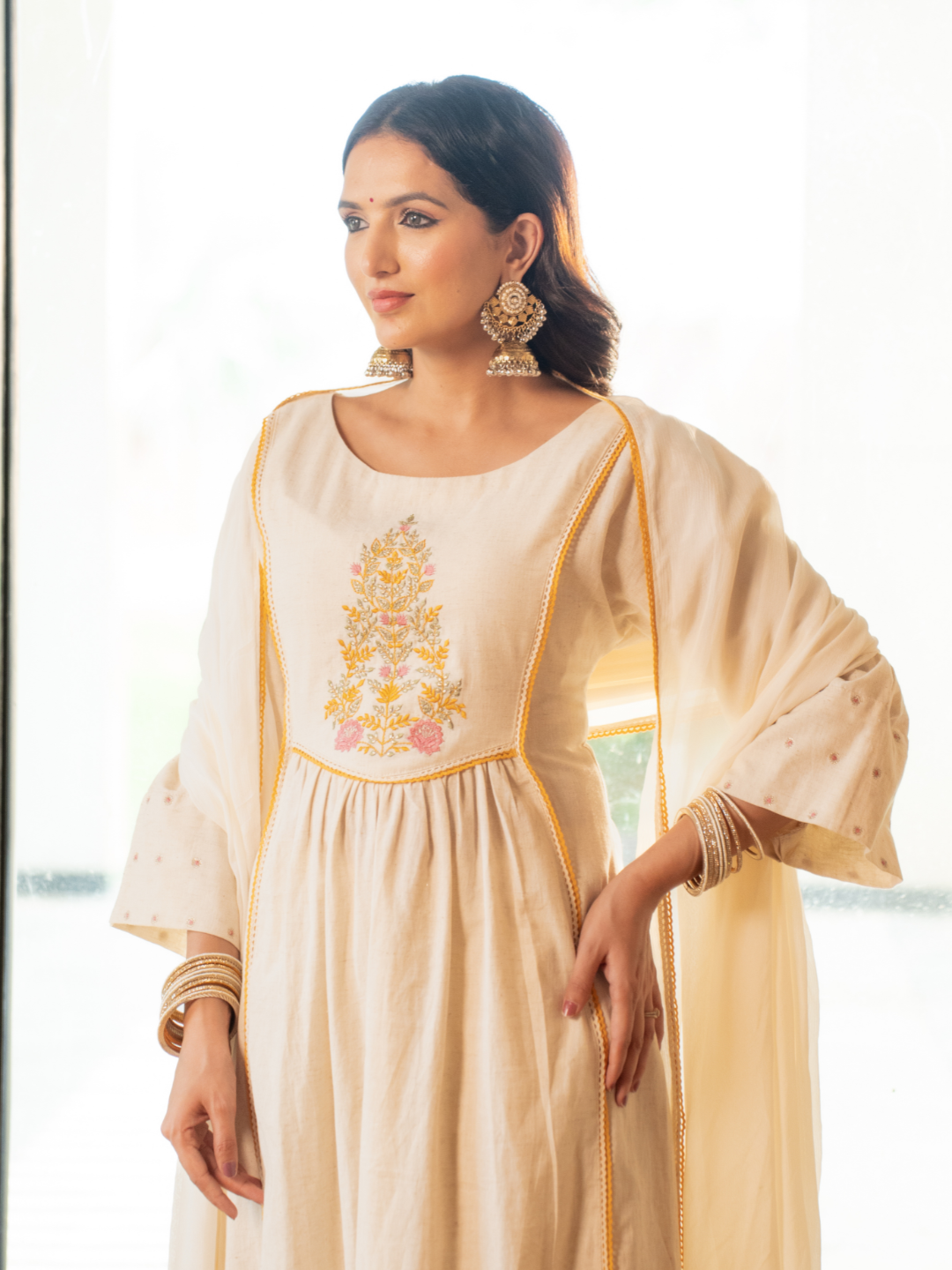 Off White Linen Blend Anarkali  Kurta Set With Embroidery