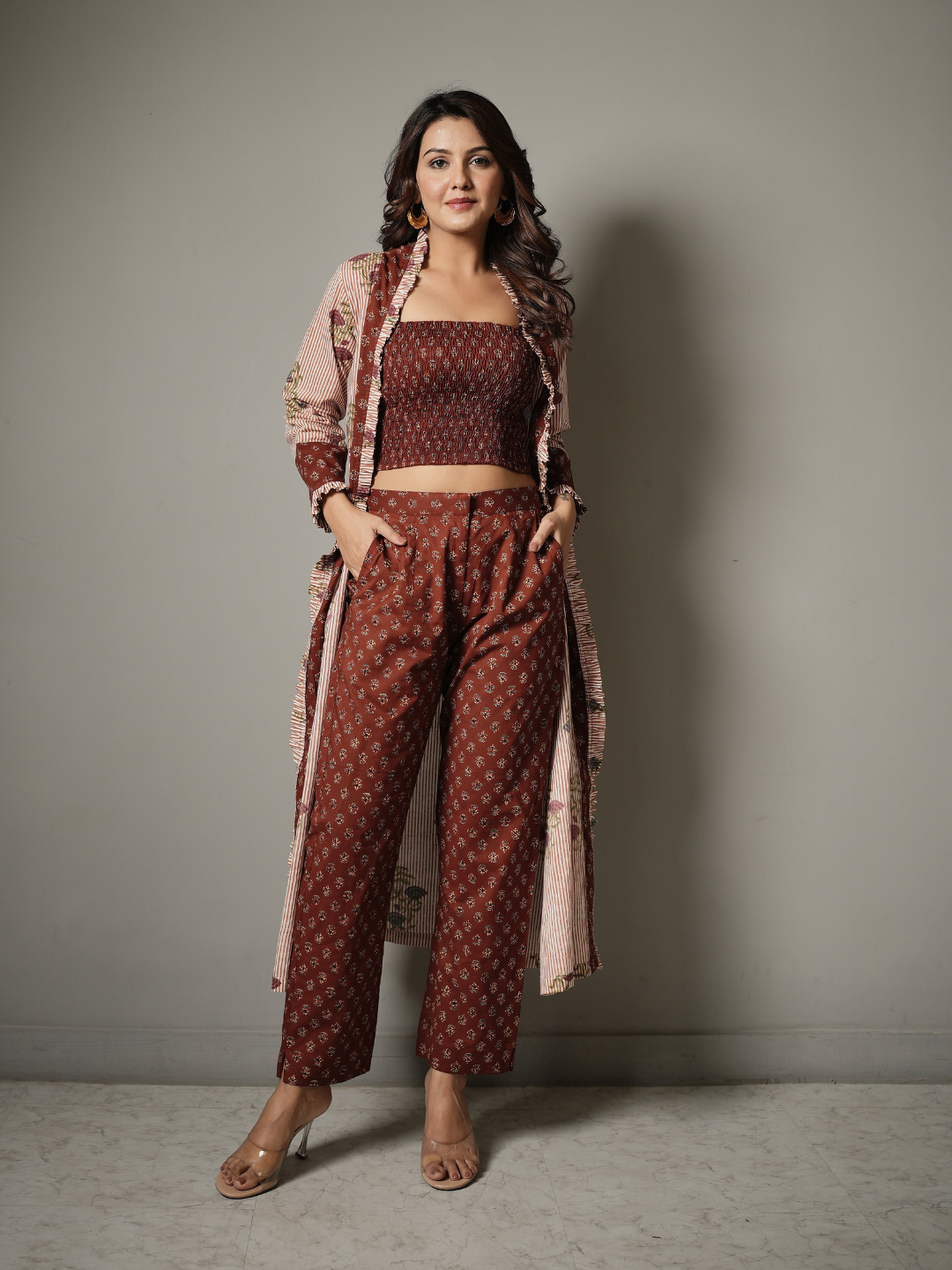 Block Print Crop Top and Pant Co-ord with Shrug