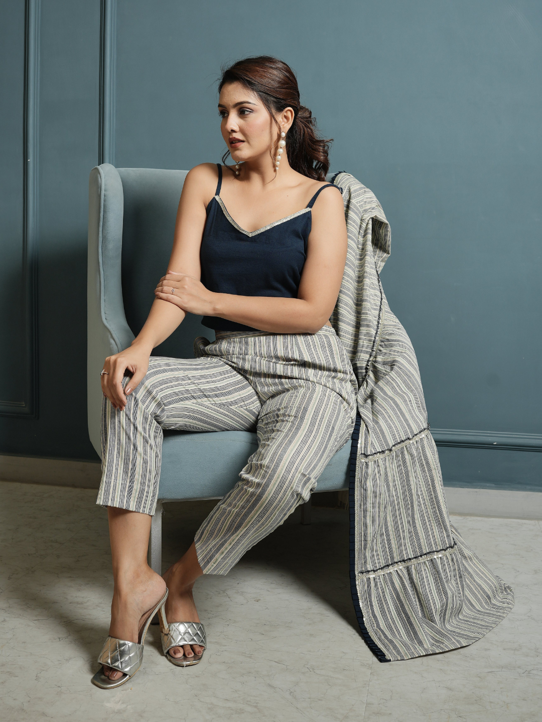 Indigo Crop Top And Pant with Cotton Linen Shrug