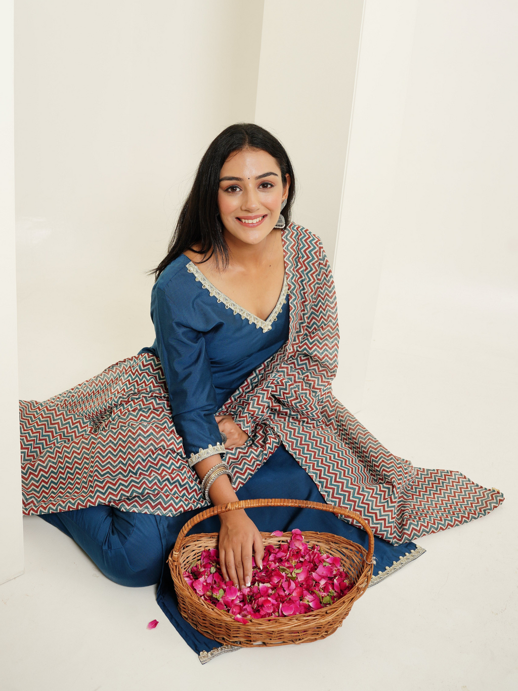 Kurta Set in Viscose Silk fabric with Chanderi Block Printed Duppata