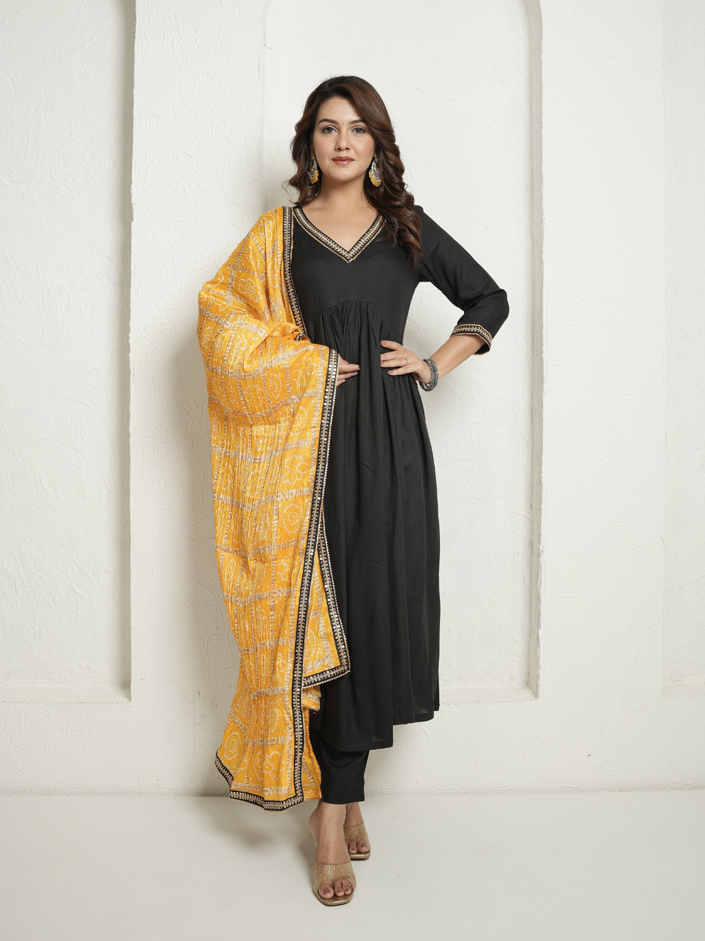 Black Kurta and Pants with Yellow Bandhej Dupatta
