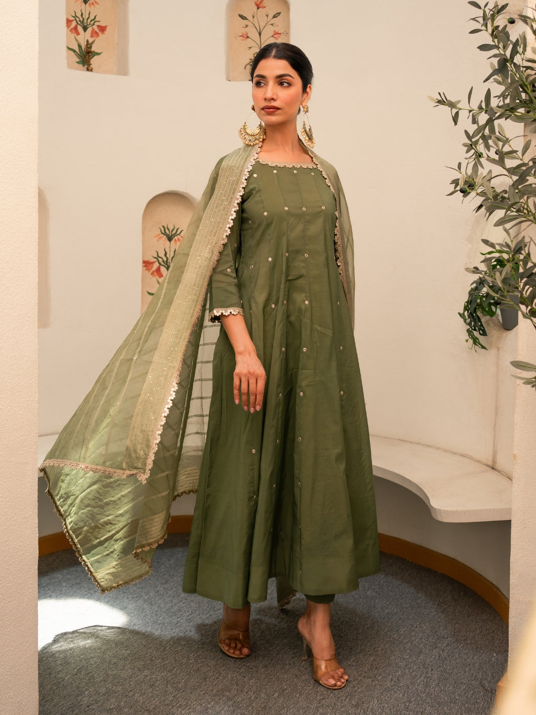 Green Chanderi Anarkali Kurta Set With Dupatta And Pants
