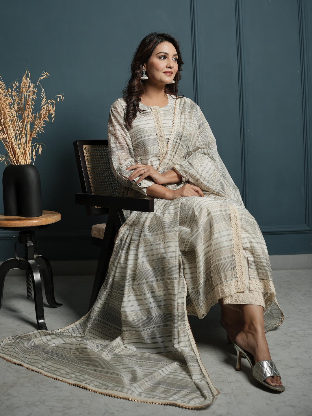 Block Print Golden Stripe Kurta with Pants and Dupatta