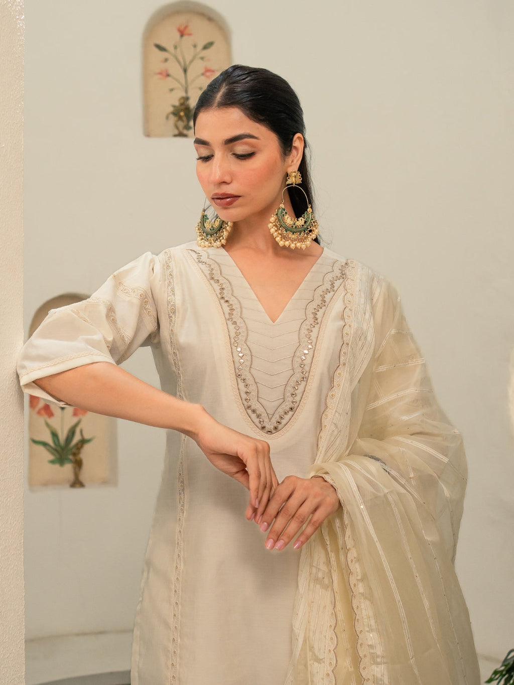 Chanderi Embroidery Pintucks Kurta with Dupatta and Pants