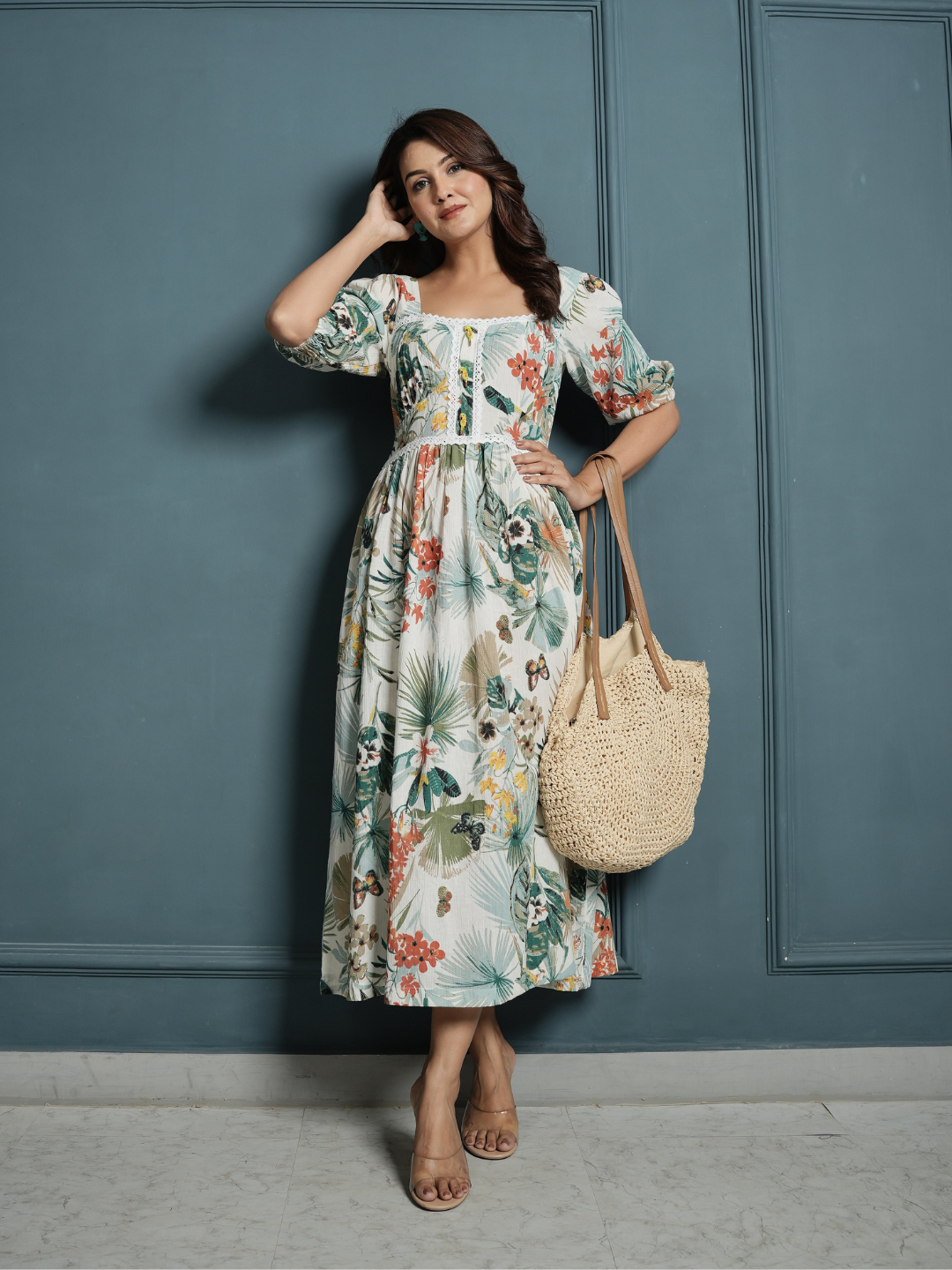 Flower Crinkle Crepe Dress with Lace
