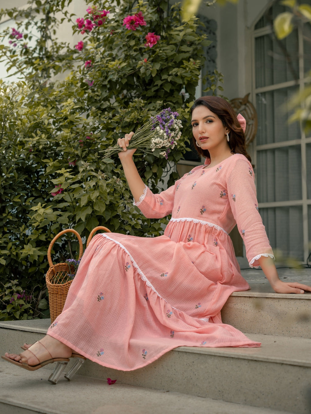 Pink Mist Dress in Kota Doriya Fabric with Embroidery