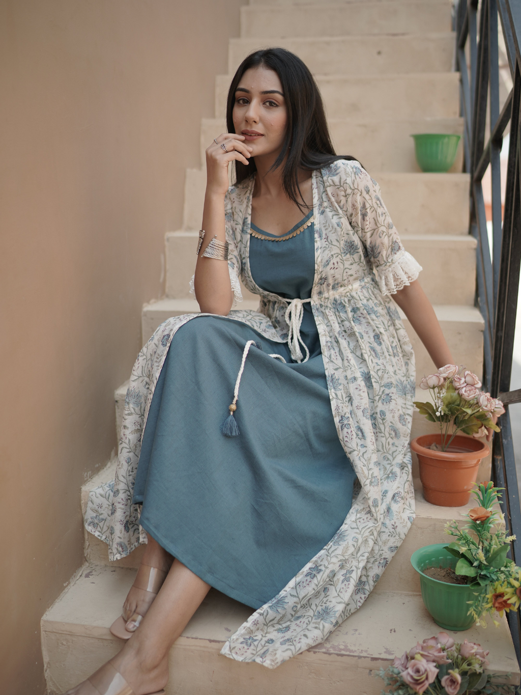 Chanderi Block Print Shrug with Inner Dress