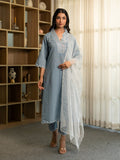 Chambray Embroidered Kurta Set with Dupatta and Pants