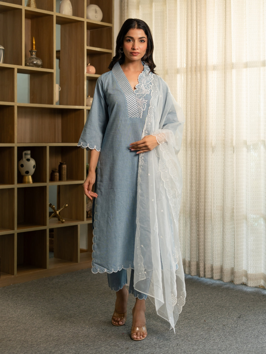 Chambray Embroidered Kurta Set with Dupatta and Pants