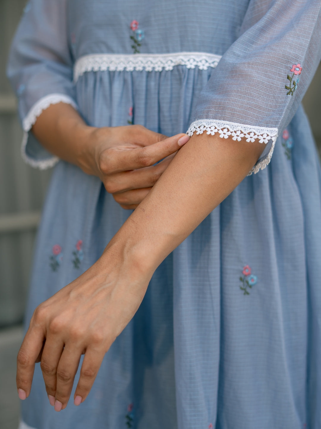 Blue Breeze Dress in Kota Doriya Fabric with Embroidery