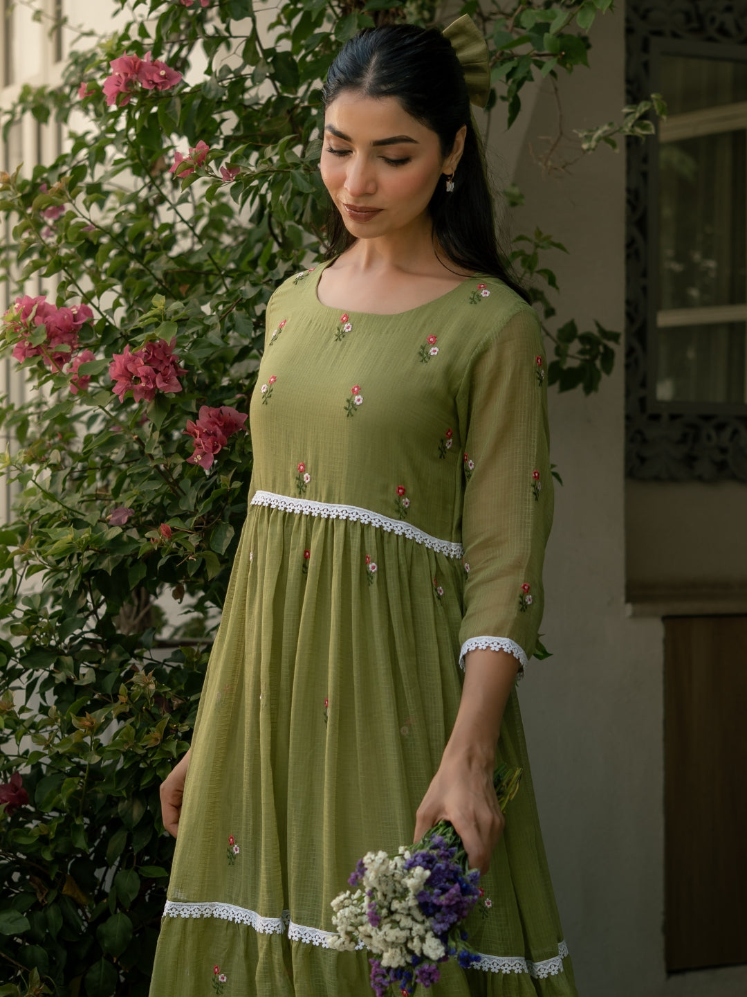Mint Grace Dress in Kota Doriya Fabric with Embroidery