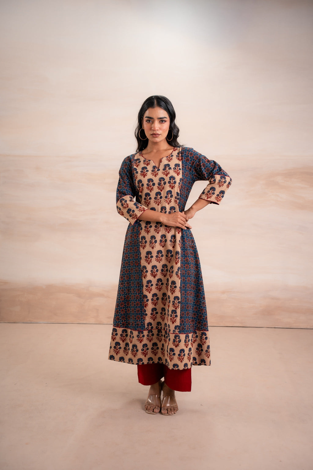 AJRAK BLUE N RED COTTON KURTA SET