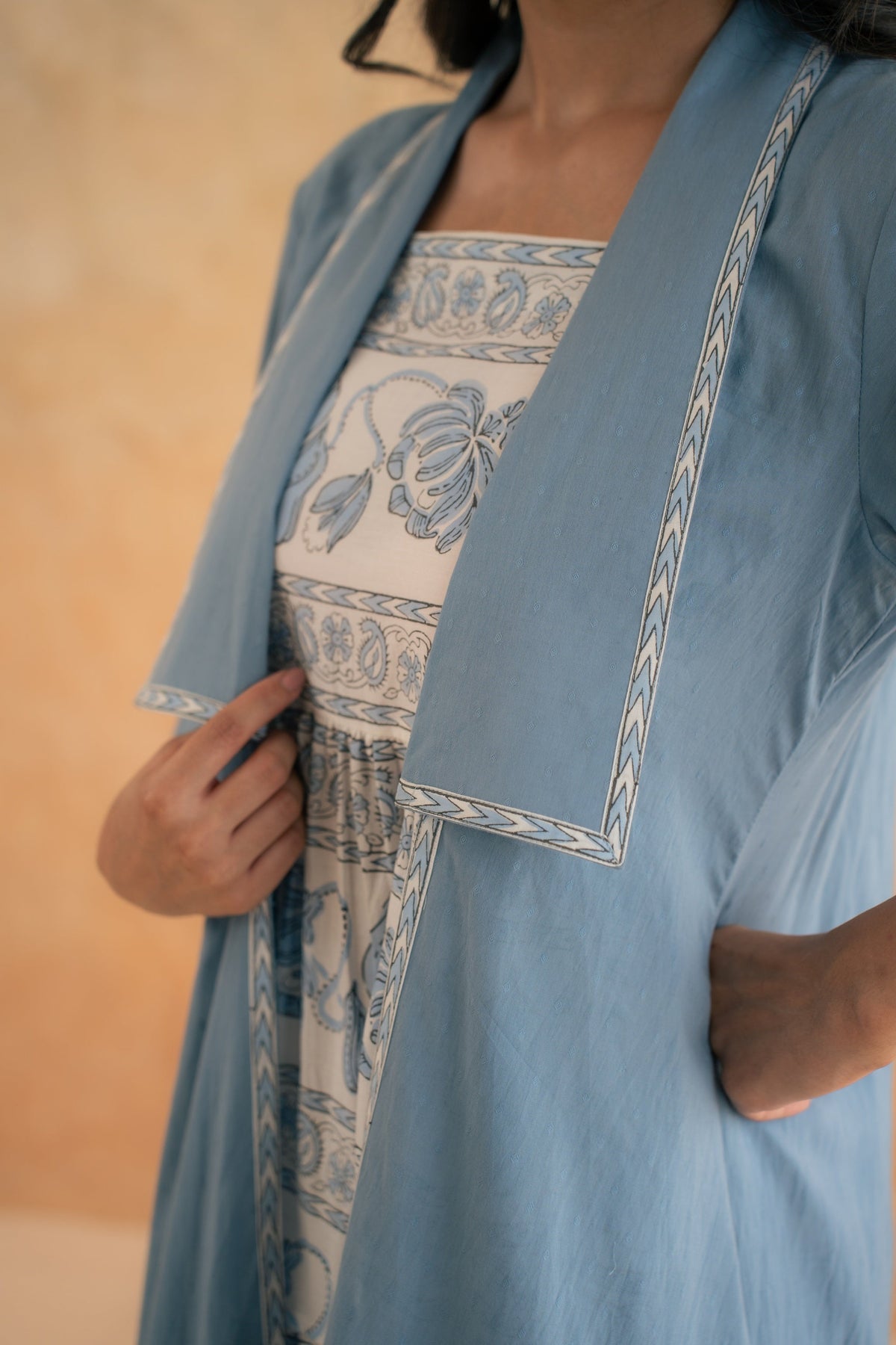 BLOCK PRINT DRESS WITH DOBBY SHRUG