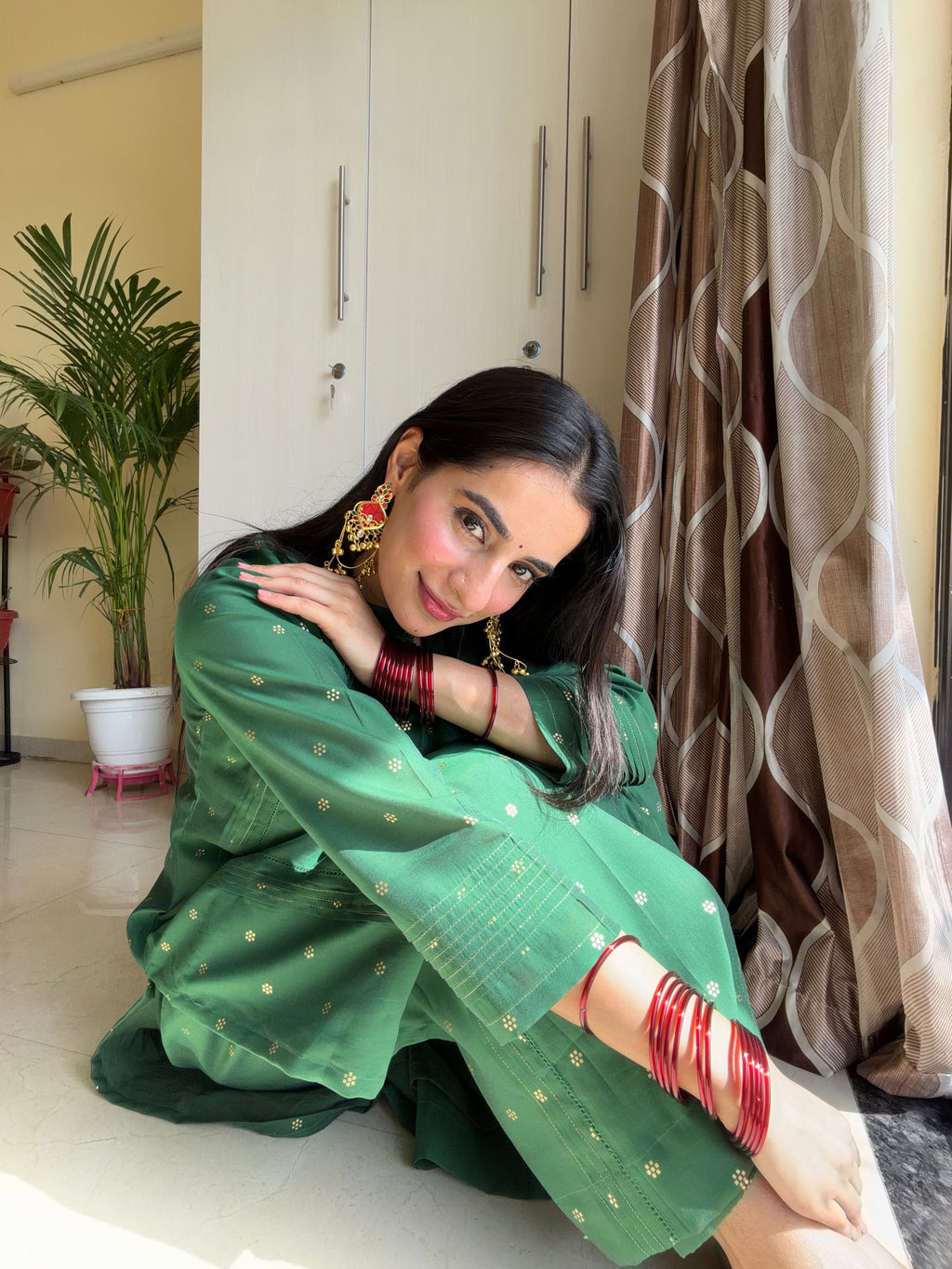 Green Silk Self-Woven Kurta
