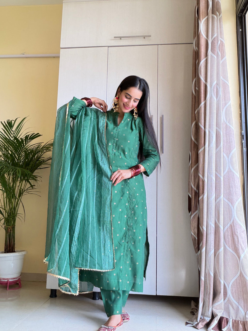 Green Silk Self-Woven Kurta