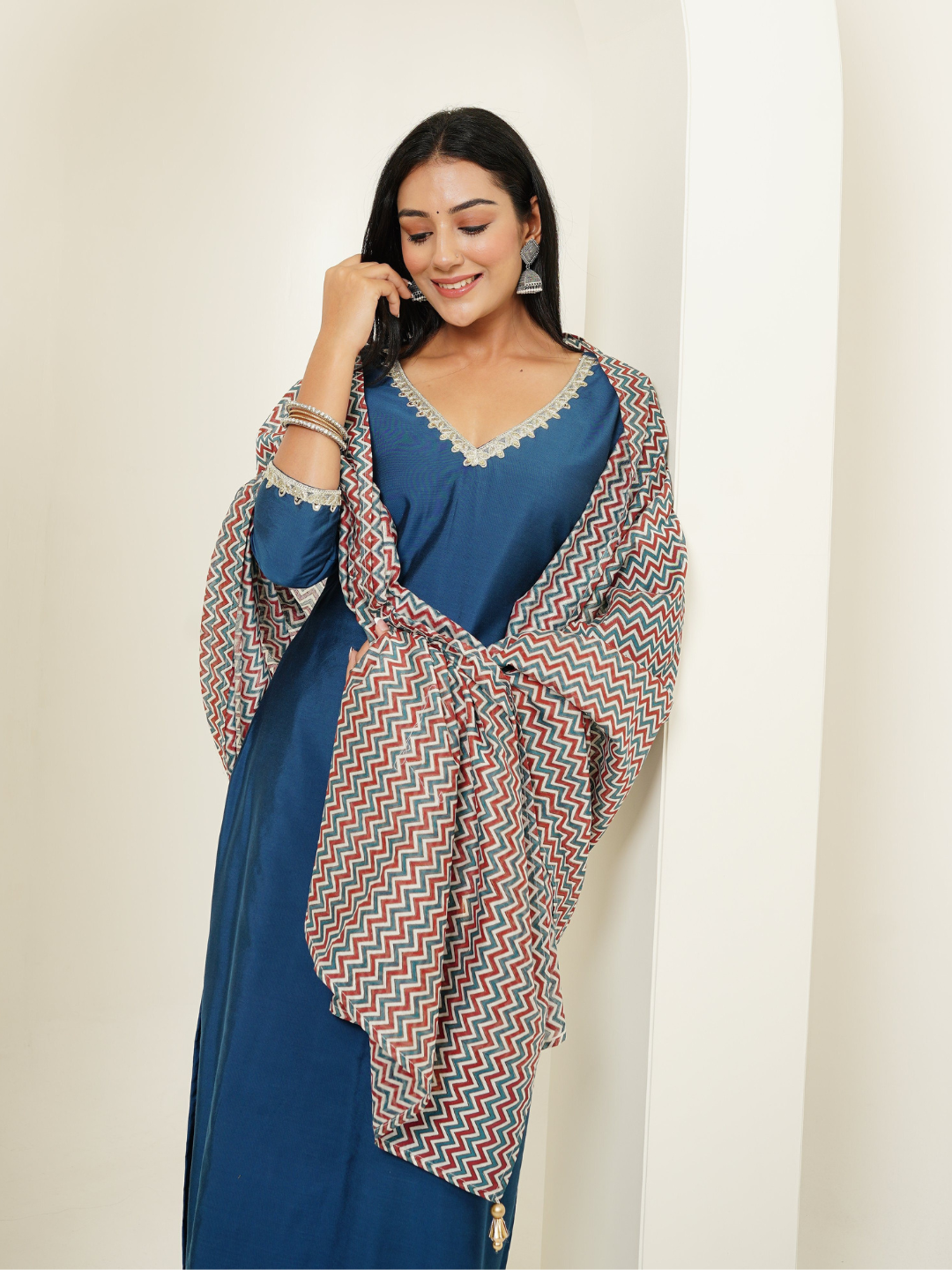 Kurta Set in Viscose Silk fabric with Chanderi Block Printed Duppata