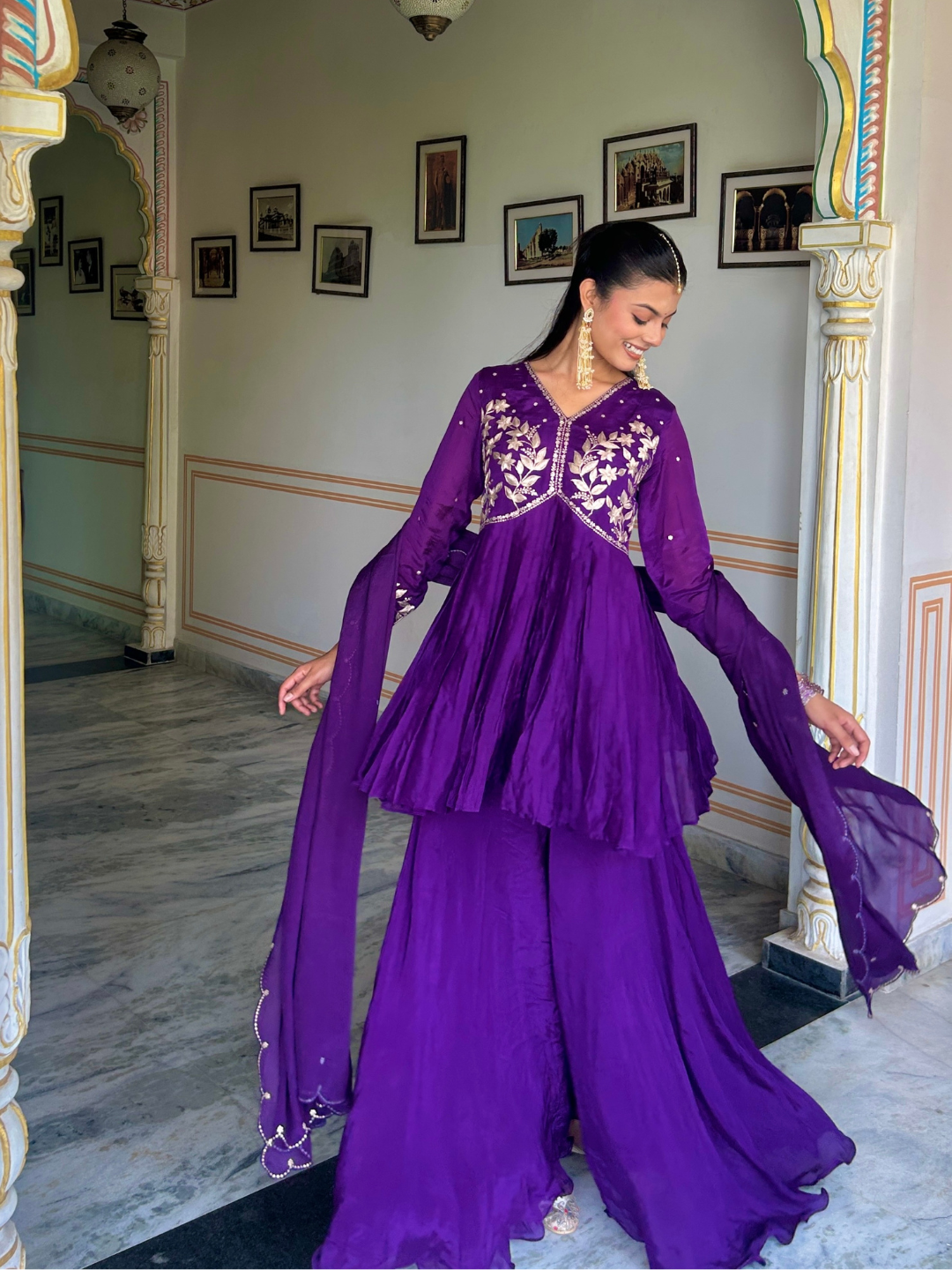 Purple Pitta Work Chiffon Kurta Set